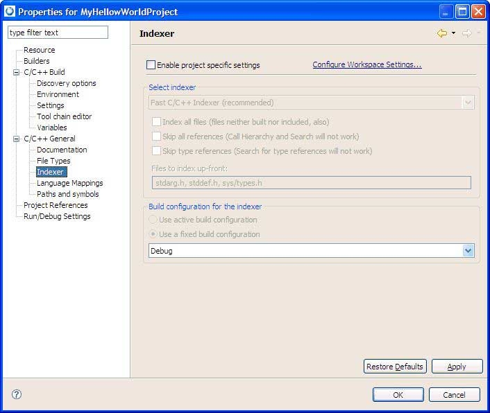 C/C++ Indexer tab