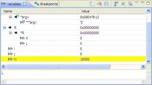 Breakpoints view; highlighted watchpoint