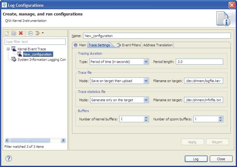  Log Configuration dialog