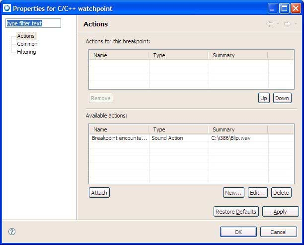 Breakpoints properties: Actions panel